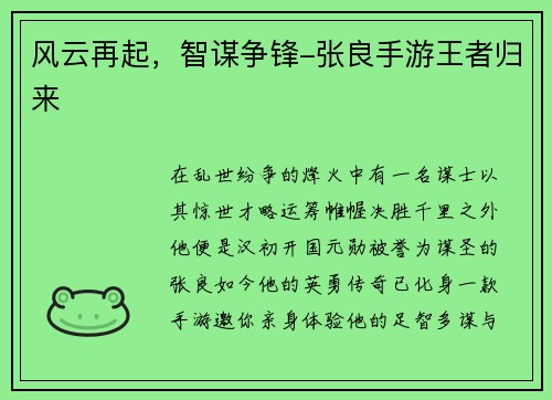 风云再起，智谋争锋-张良手游王者归来
