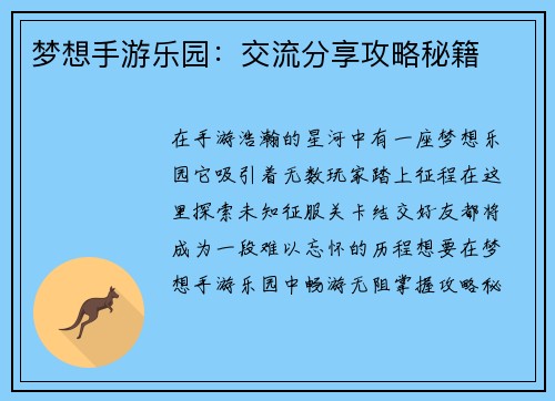 梦想手游乐园：交流分享攻略秘籍