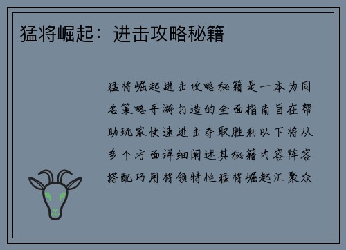 猛将崛起：进击攻略秘籍